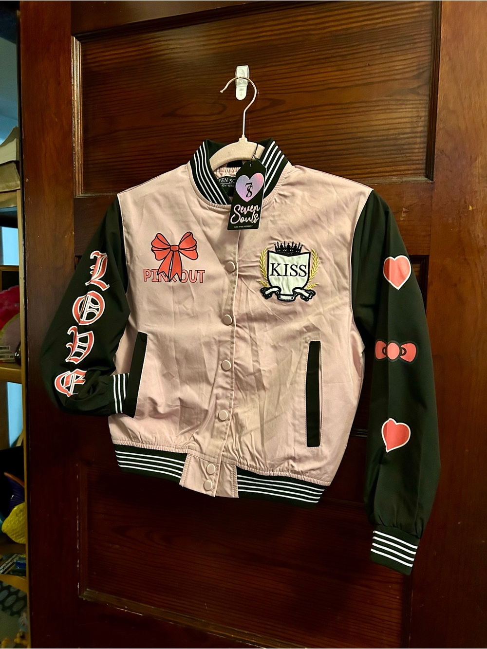 Seven Souls New York Girls Pink & Black Varsity Bomber Jacket Size 10/12 NWT
